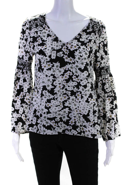 Ecru Womens Black Silk White Floral Print V-Neck Long Sleeve Blouse Top Size XS