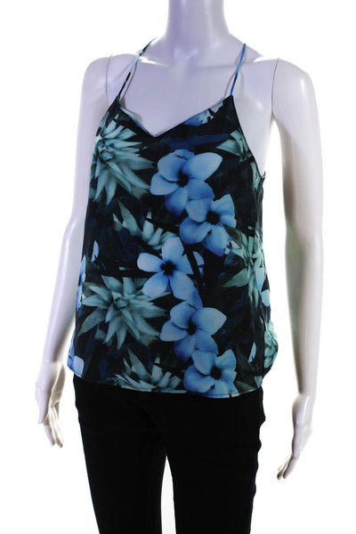 Ecru Womens Blue Silk Floral Print V-Neck Sleeveless Tank Top Size XS