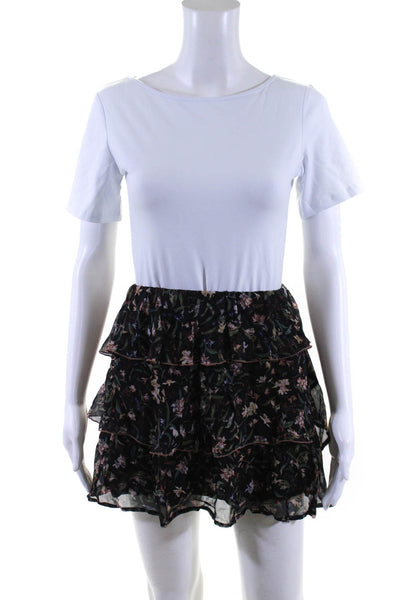 IRO Womens Elastic Waistband Floral Tiered Mini Skirt Black Multi Size FR 34