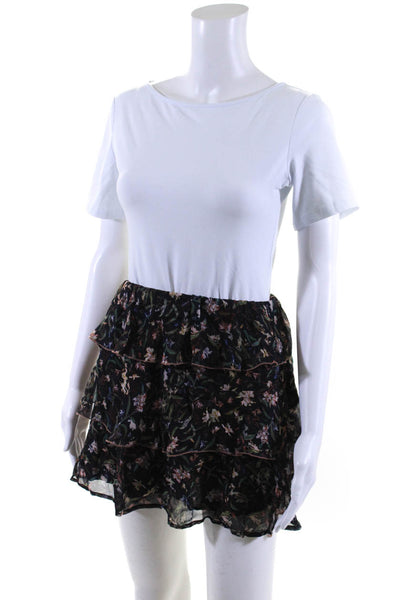 IRO Womens Elastic Waistband Floral Tiered Mini Skirt Black Multi Size FR 34