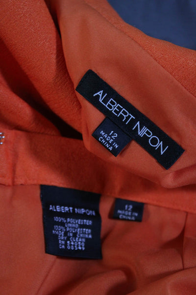 Albert Nipon Womens Damask Jacquard Darted Belt Blouse Skirt Set Orange Size 12