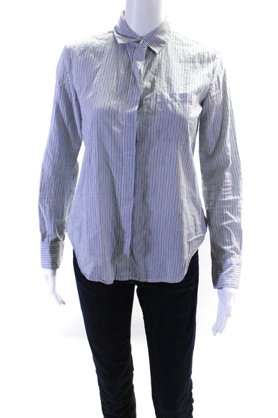 Vince Womens Cotton Striped Covered Placket Buttoned Collared Top Blue Size 0