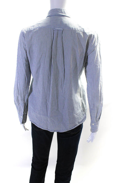 Vince Womens Cotton Striped Covered Placket Buttoned Collared Top Blue Size 0