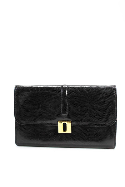 Joan & David Womens Snapped Buttoned Animal Print Textured Clutch Handbag Black