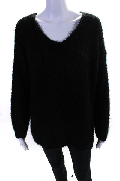Miracle Womens Cotton Texture Fringe Ribbed V-Neck Pullover Sweater Black Size S