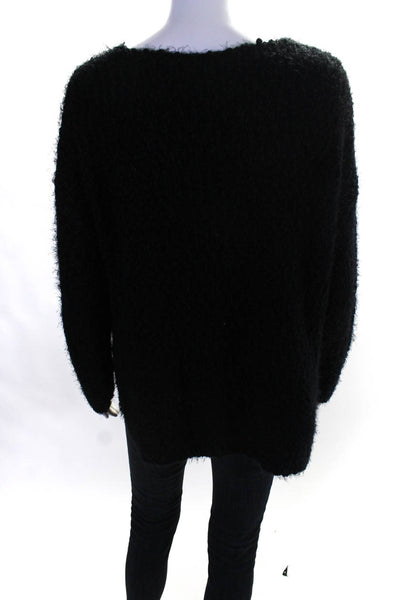 Miracle Womens Cotton Texture Fringe Ribbed V-Neck Pullover Sweater Black Size S