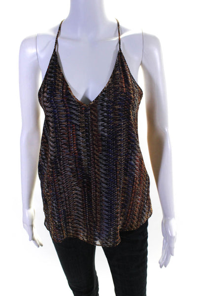 Rory Beca Womens Abstract Print V Neck Tank Top Blouse Blue Brown Size XS