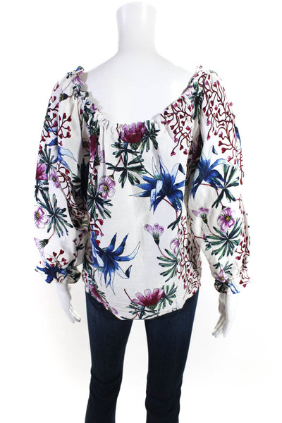 Maje Womens Floral Long Sleeve Off Shoulder Top Blouse White Blue Purple Size 3