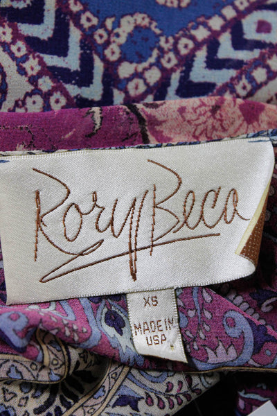 Rory Beca Womens Spaghetti Strap V Neck Silk Paisley Top Purple White Blue XS