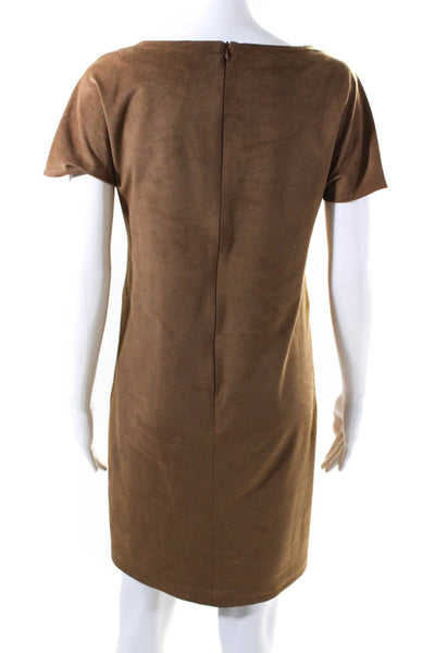 H By Halston Women's Suede Short Sleeve Crewneck Sheath Dress Brown Size S