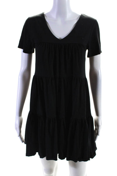 Rebecca Minkoff Womens Cotton V-Neck Short Sleeve Tiered Dress Black Size XS