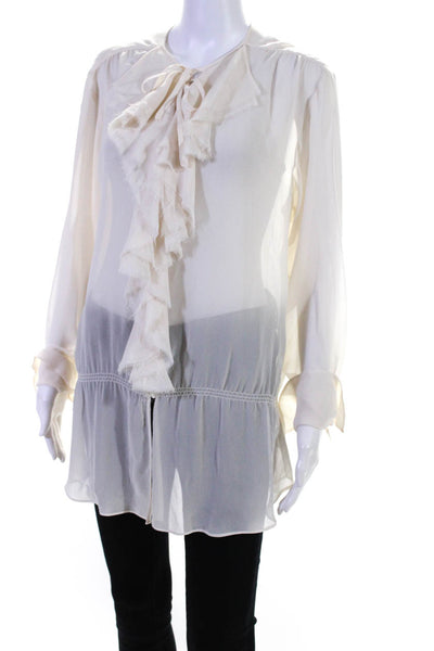 Vince Womens Silk Ruffle Trim V-Neck Long Sleeve Pullover Blouse Beige Size L