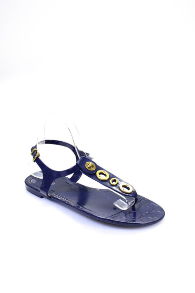 Coach Womens Monogram Turn Lock Adjusted T-Strap Buckle Sandals Blue Size 10