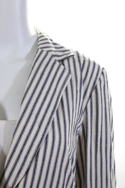 Cabi Womens Cotton Striped Notched Lapel One Button Blazer White Blue Size 8
