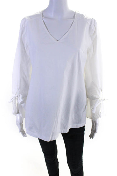 Luisa Cerano Womens V Neck Bow Tied Flared Long Sleeved Blouse Top White Size10