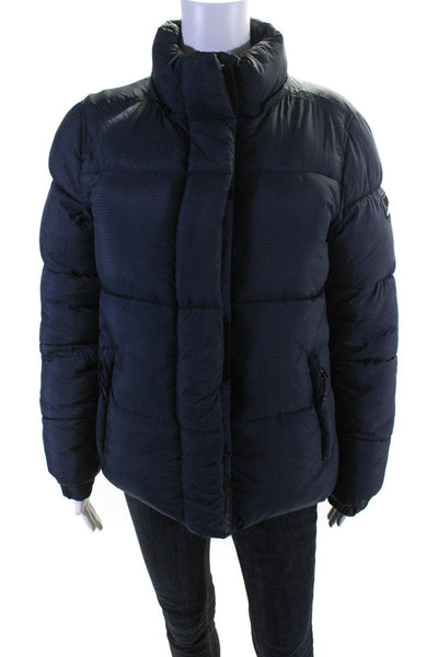 Superdry Japan Womens Check Print Long Sleeve Short Puffer Coat Navy Blue Size 6