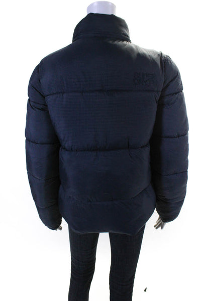 Superdry Japan Womens Check Print Long Sleeve Short Puffer Coat Navy Blue Size 6