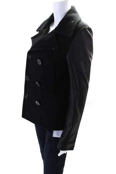 Veda Womens Double Breasted Pea Coat Black Wool  Size Small