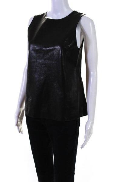 Vince Womens Black Leather Front Silk Scoop Neck Sleeveless Blouse Top Size 6