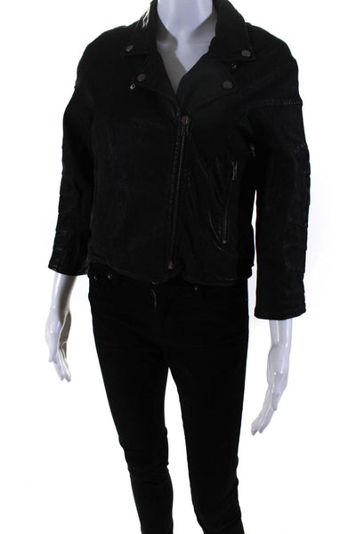 Erro Womens Leather Notched Lapel 3/4 Sleeve Motorcycle Jacket Black Size M