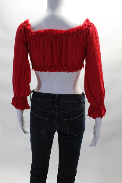 Majorelle Womens Tie Front Off Shoulder Long Sleeve Raw Hem Crop Top Red Small
