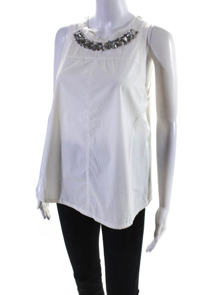 Rebecca Taylor Womens Embellished Crew Neck Mixed Media Top White Cotton Size 2