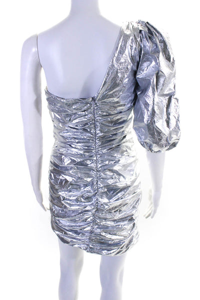 Lovers + Friends Womens Back Zip One Shoulder Ruched Dress Silver Tone Small