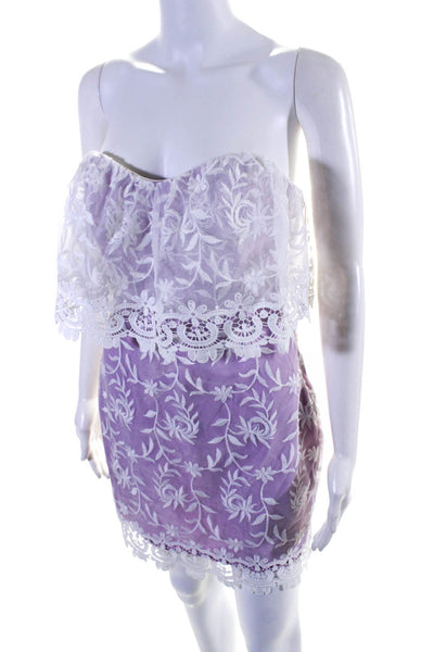 Lovers + Friends Womens Strapless Lace Trim Embroidered Dress Purple Size Small