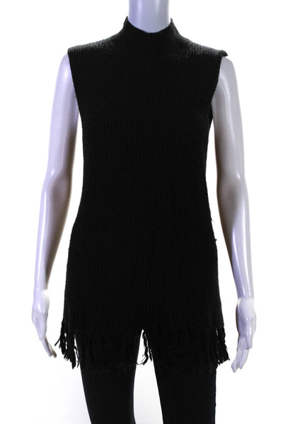 Milly Womens Black Wool Knit Fringe Edge Crew Neck Sleeveless Sweater Top Size M