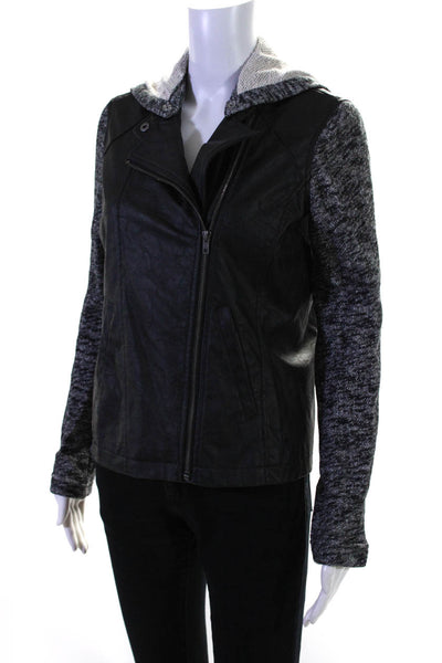 Jack Womens Faux Leather Full Zip Hooded Motorcycle Jacket Black Gray Size S