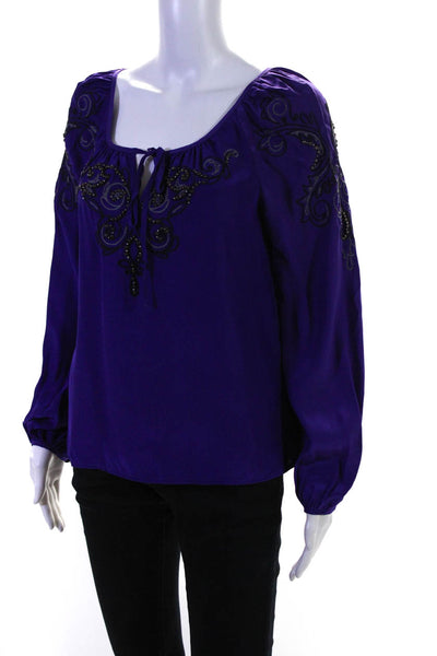 Nanette Lepore Womens Silk Beaded Paisley Print Long Sleeve Blouse Purple Size 2