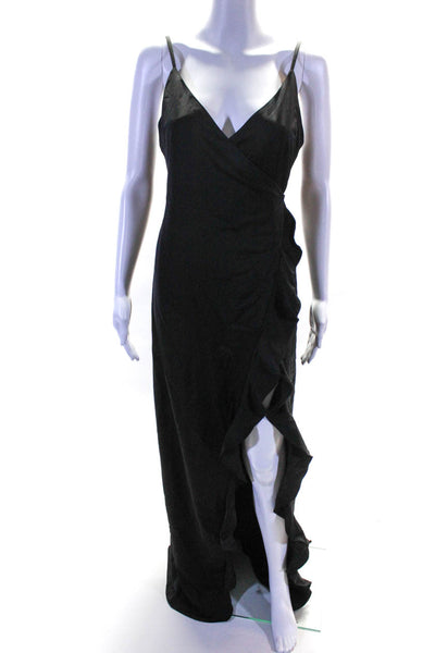 NBD Womens Spaghetti Strap Ruffle Hem Asymmetrical Wrap Dress Black Size Small