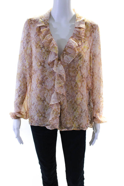 Majorelle Womens Long Sleeve Collared Ruffled Button Up Blouse Beige Top Size S