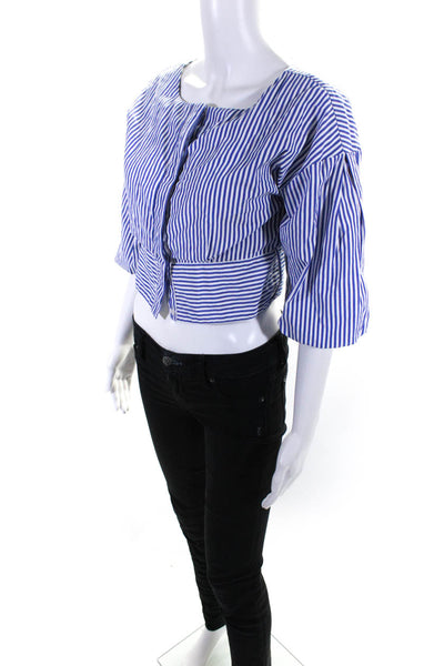JOA Los Angeles Womens Short Sleeve Stripe Button Up Top Blouse Blue White Small