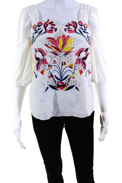 Tanya Taylor Womens Embroidered Floral Off Shoulder Top Blouse White Size 2