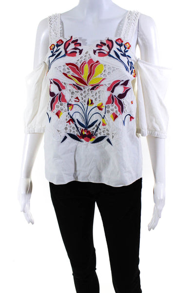 Tanya Taylor Womens Embroidered Floral Off Shoulder Top Blouse White Size 2