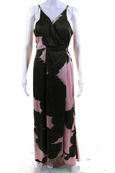 Hutch Womens Leah Satin Maxi Sleeveless Wrap Dress Pink Green Size Medium