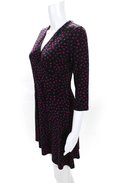 Leota Womens Polka Dot Surplice 3/4 Sleeve Sheath Dress Black Purple Size Small