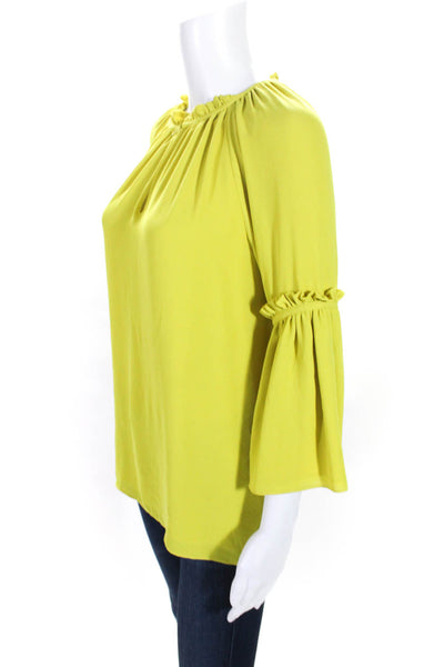 Josie Natori Womens Bell Sleeve Ruffle Keyhole Top Blouse Chartreuse Size XS