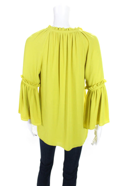 Josie Natori Womens Bell Sleeve Ruffle Keyhole Top Blouse Chartreuse Size XS