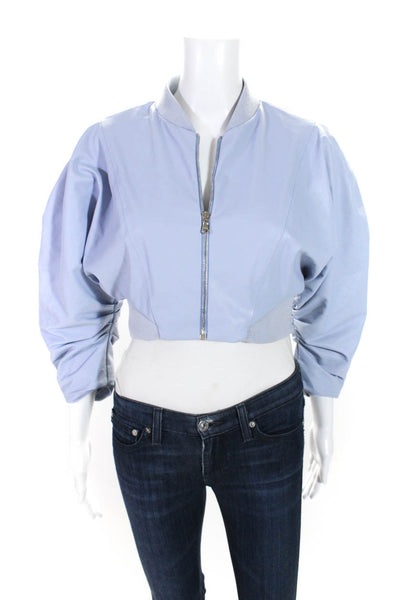 Aliette Womens Ruched 3/4 Sleeve Crop Faux Leather Jacket Light Blue Size 0