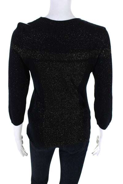 Escada Womens Metallic Round Neck Long Sleeved Sweater Navy Gold Tone Size XS