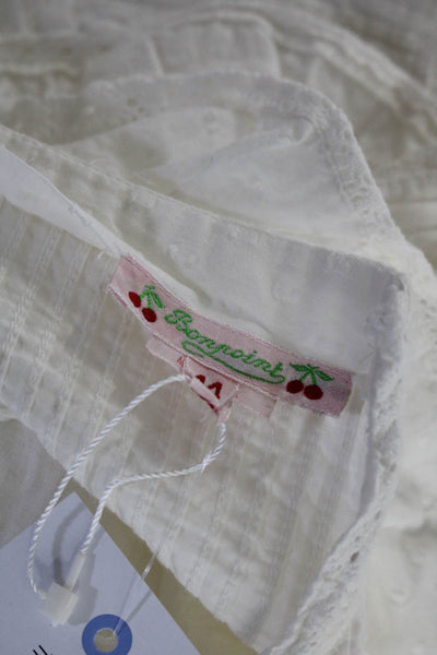 Bonpoint Girls Polka Dot Button Ruffle Pleated Long Sleeved Blouse White Size 14