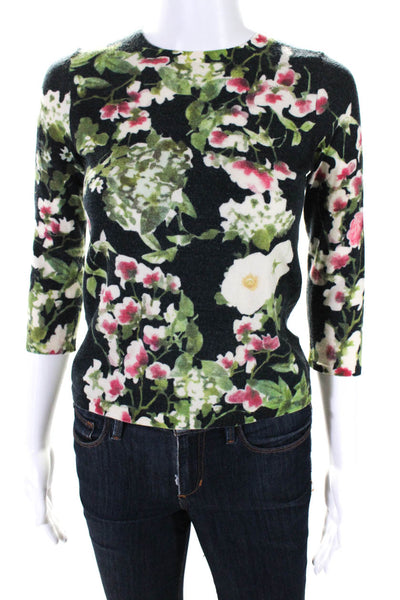 Brooks Brothers Womens Merino Wool Floral Long Sleeved Top Black Green Size S