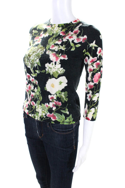 Brooks Brothers Womens Merino Wool Floral Long Sleeved Top Black Green Size S