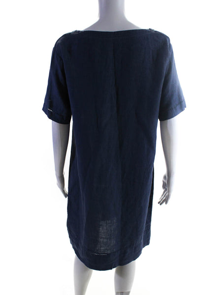 Three Dots Womens Linen V-Neck Short Sleeve Knee-Length Tunic Dress Blue Size M