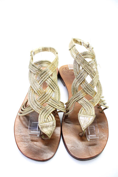 Soixante Neuf Womens Gold Brown Woven Ankle Strap Flat Sandals Shoes Size 8