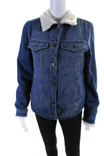 Softy by Ever Boom Collared Button Up Fleece Lined Denim Jean Jacket Blue Size S