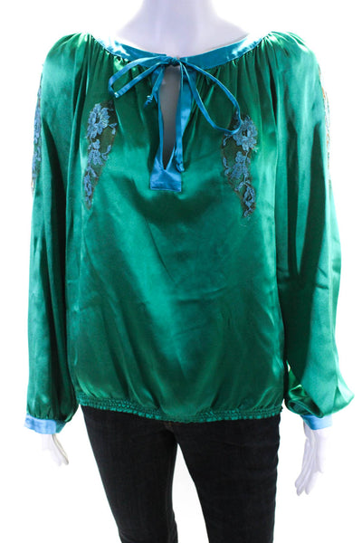 Vanita Rosa Womens Long Sleeve Lace Trim Silk Shirt Green Blue Size Medium