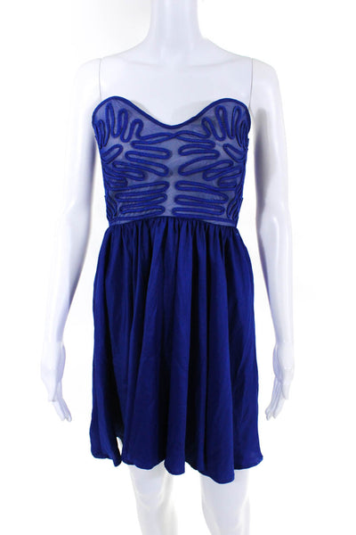 Millau Womens Embroidered Bodice Sweetheart Strapless Skater Dress Blue Size XS